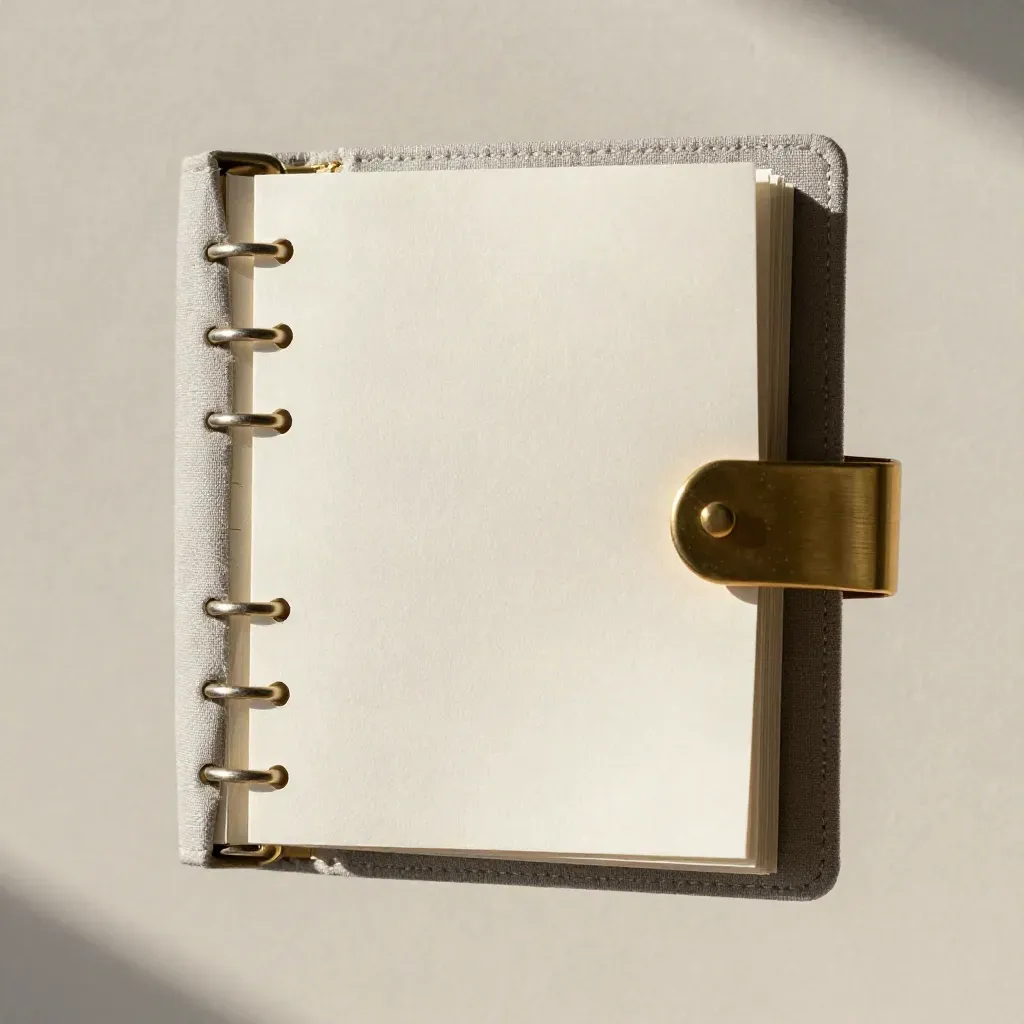 Kit budget mensile sospeso in lino grigio chiaro, con pagina alzata e luce morbida.