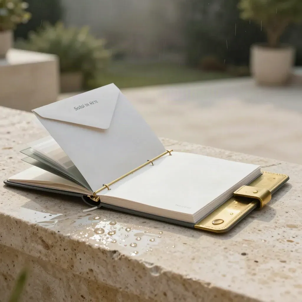 Kit finanziario in pietra e ottone su terrazza bagnata, luce morbida e atmosfera elegante