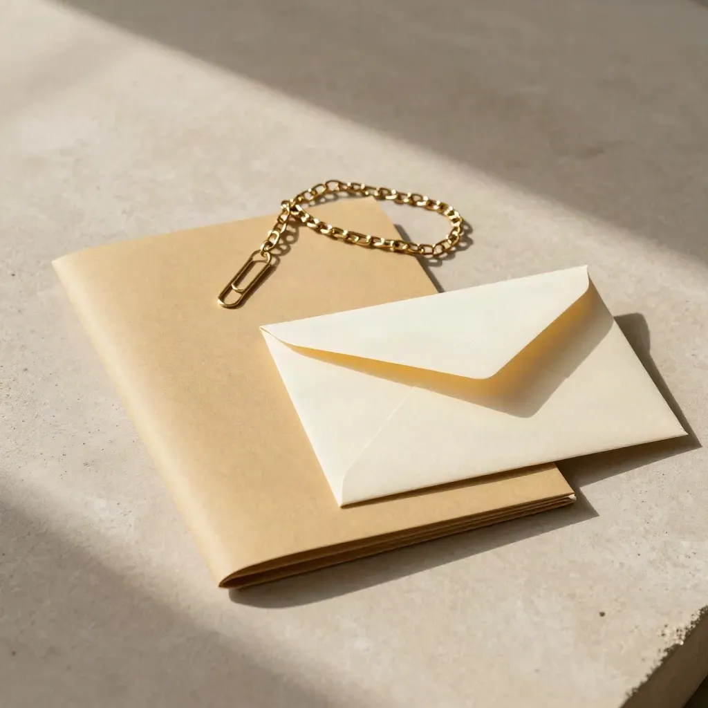 Flatlay di cartelle, graffette e busta su lastra di gesso sabbia, luce morbida dall’alto.