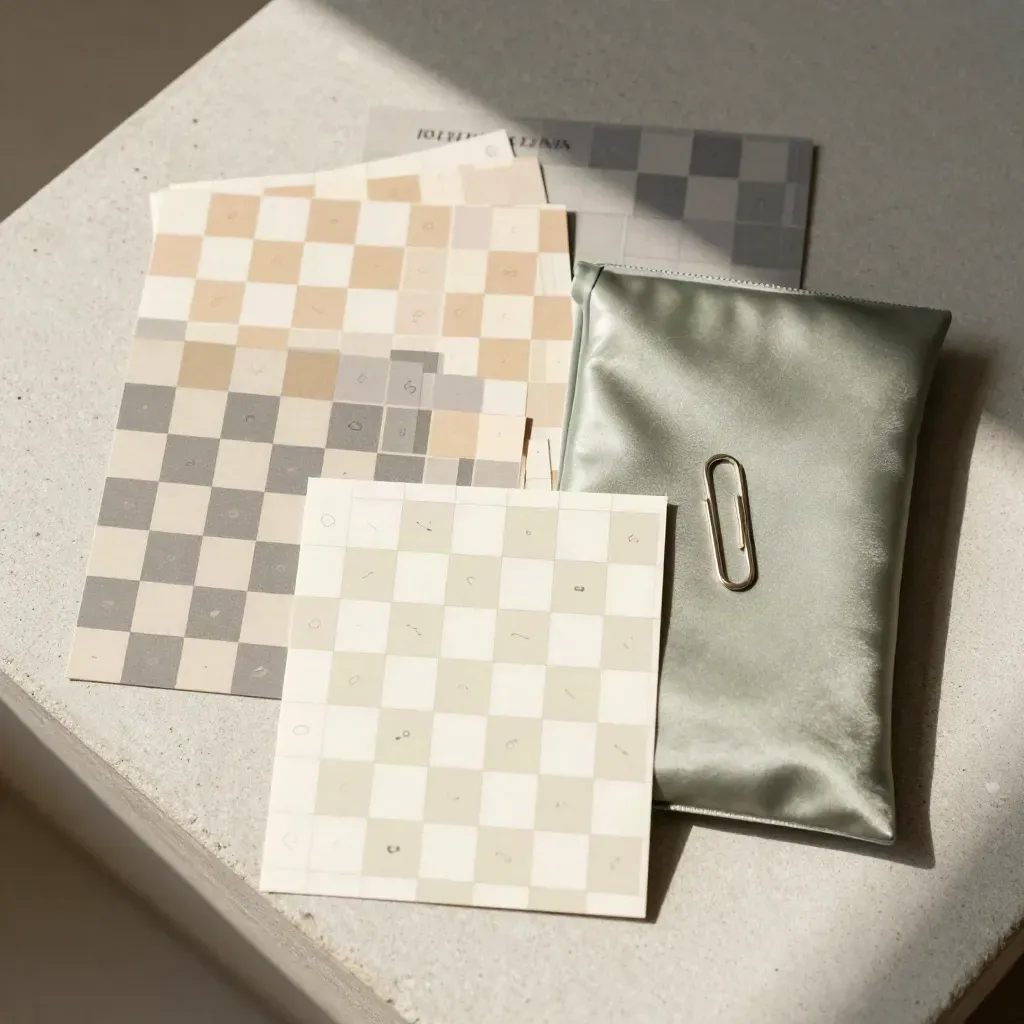 Flat lay di un pacchetto affiliazioni base con card, graffetta e pouch sigillata su pietra chiara.