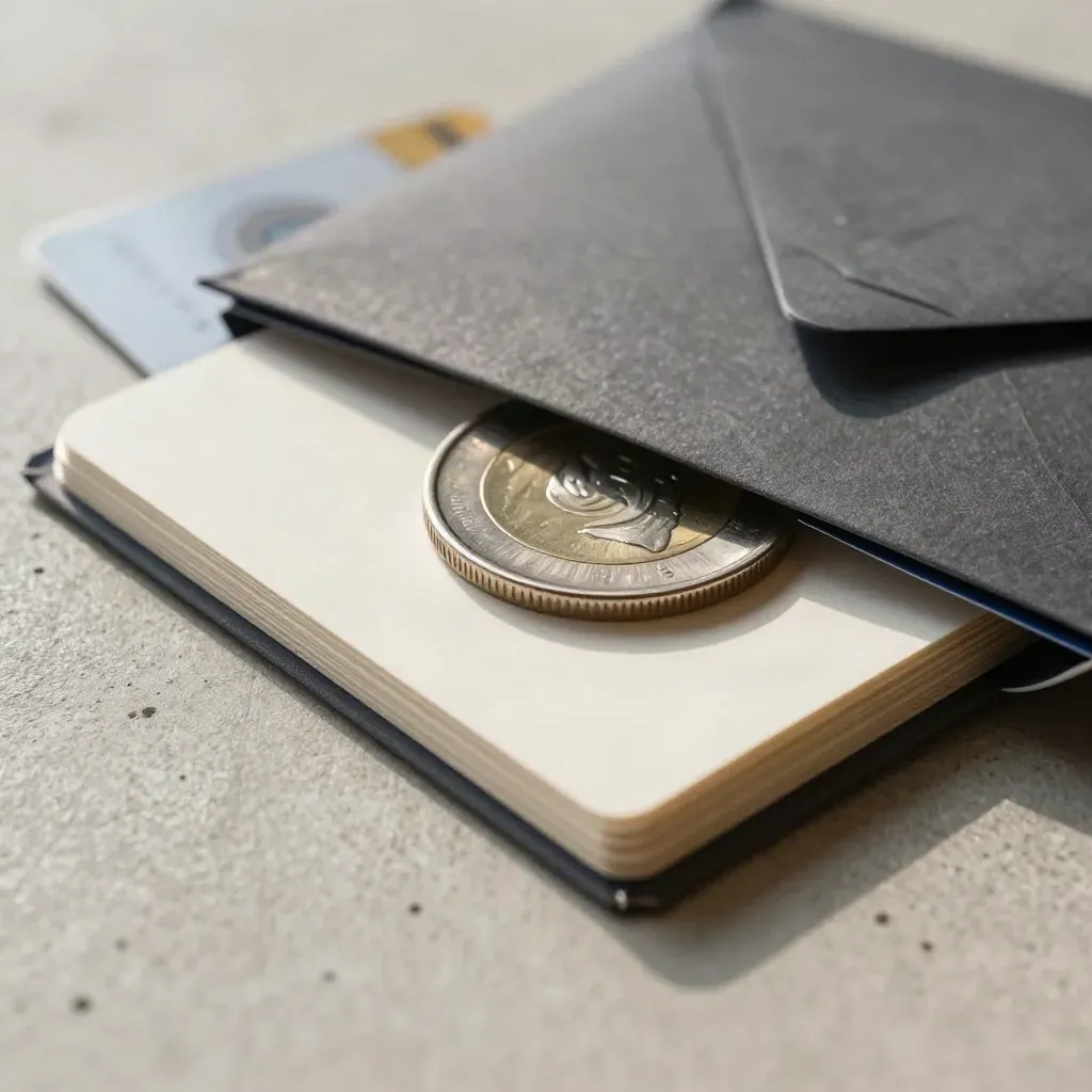 Kit per carta prepagata in busta grafite, ciotola portamonete, luce drammatica su cemento chiaro.