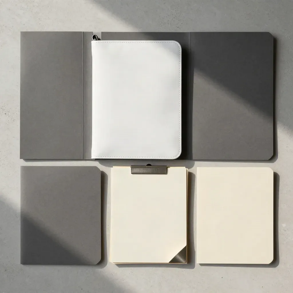 Flatlay dall’alto di un kit tasse freelance con cartelline, pouch e inserti su pietra chiara.