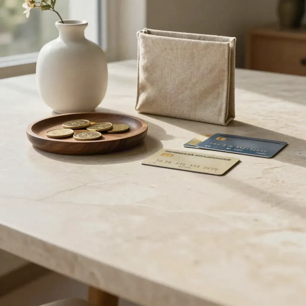 Tavolo in marmo al sole con vaso ceramico, vassoio in noce e carte neutre.
