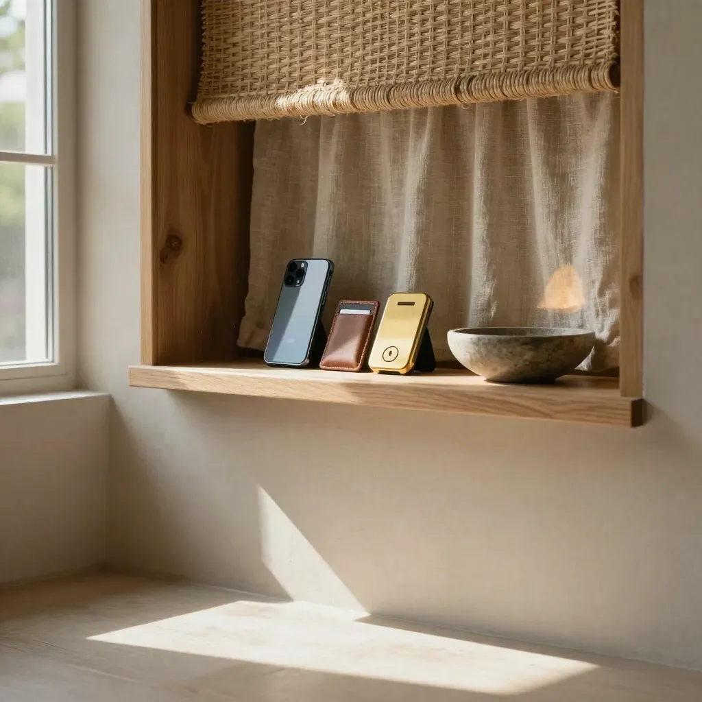 Nicho in legno chiaro con smartphone, portacarte e lettore contactless, luce calda e spazio vuoto.
