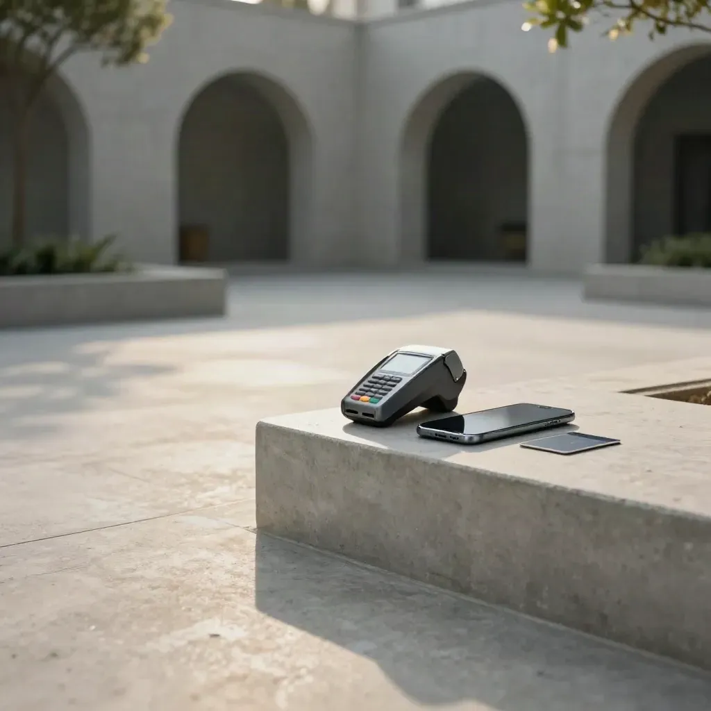 Cortile moderno in cemento con terminale contactless e smartphone, luce calda e arco lontano.